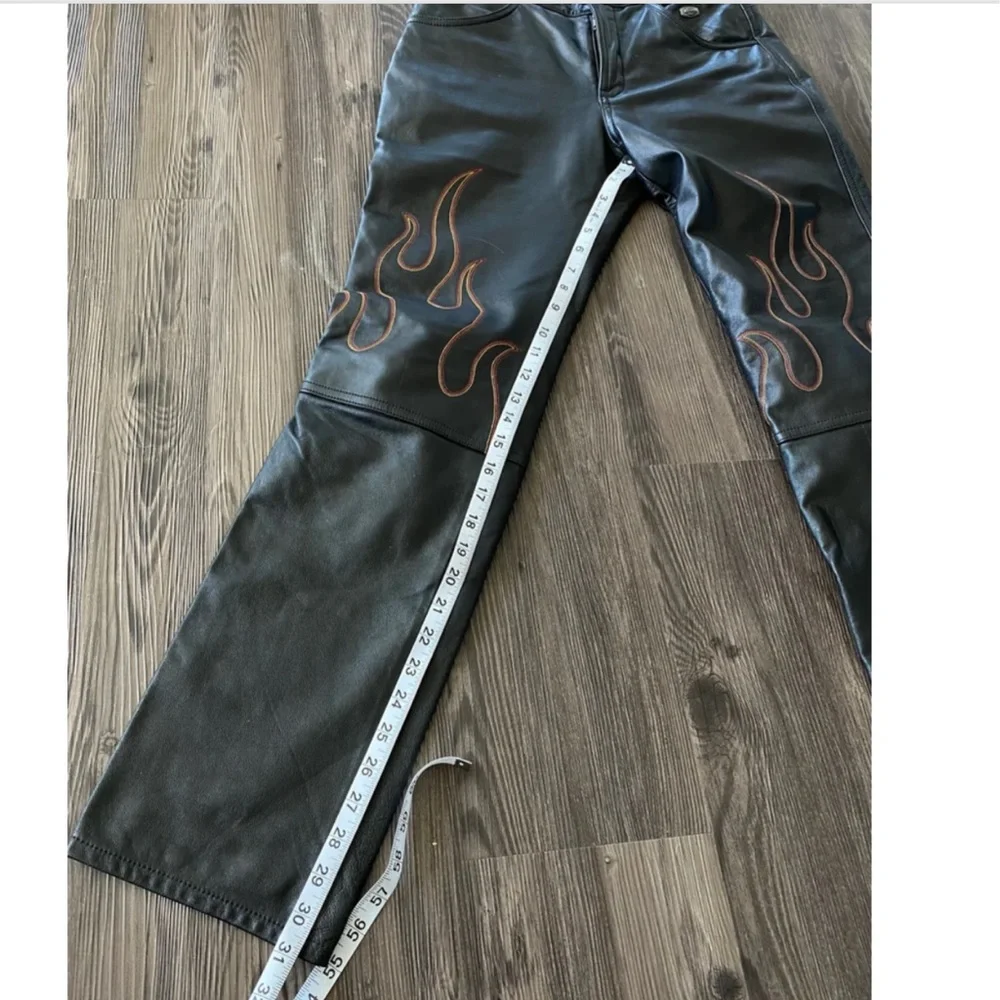 Rare vintage leather Harley Davidson flames pants black motorcycle orange - Picture 9 of 10